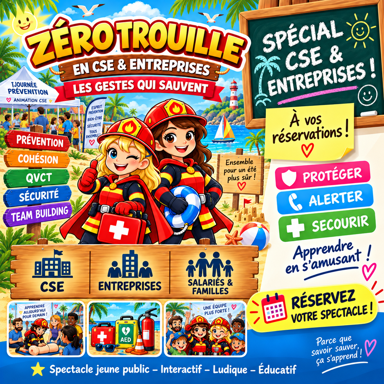 Affiche CSE et entreprises : deux personnages en tenue de pompiers sur une plage, avec les mots CSE, entreprises et salariés et familles.