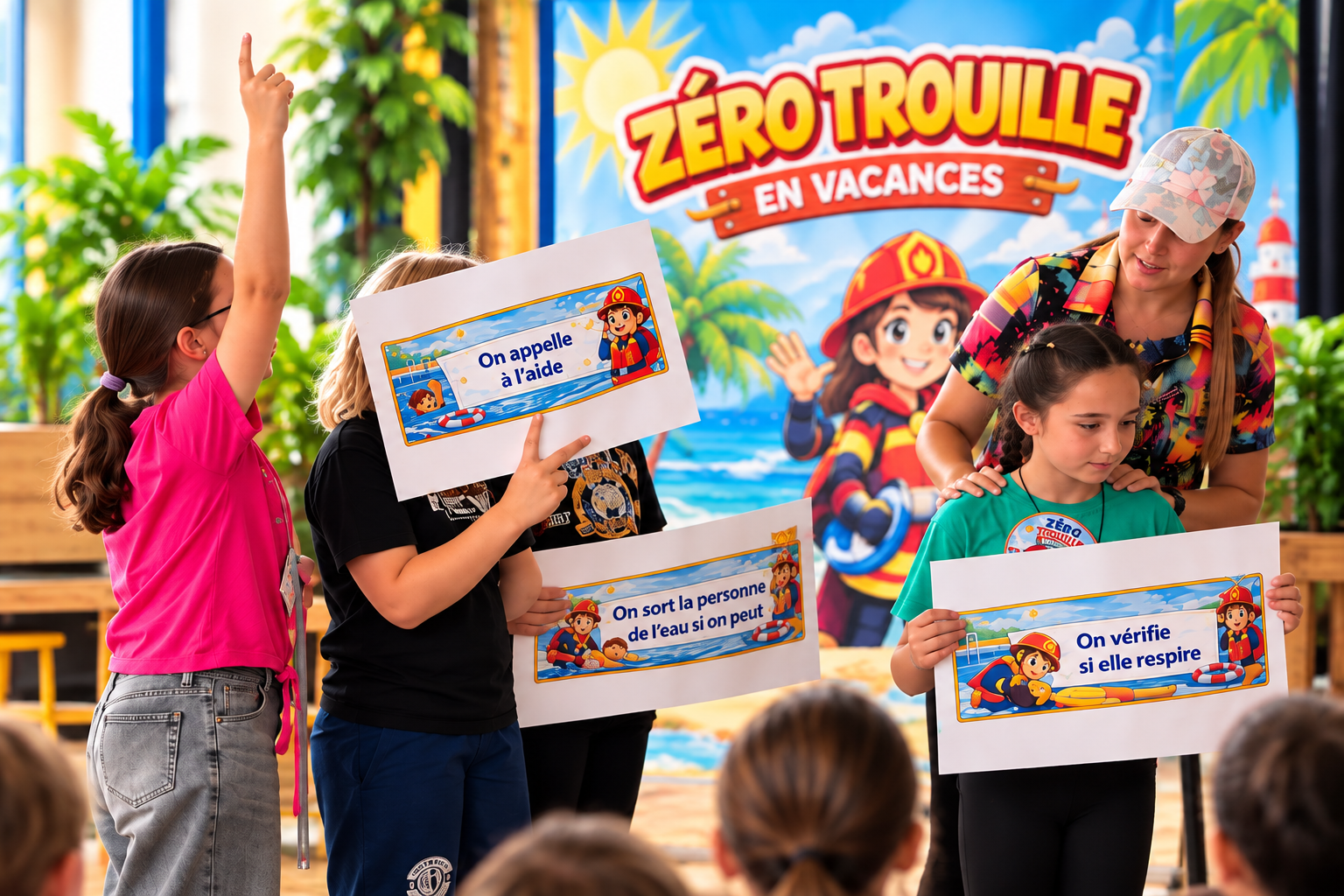 Des enfants montrent des pancartes pendant le spectacle.