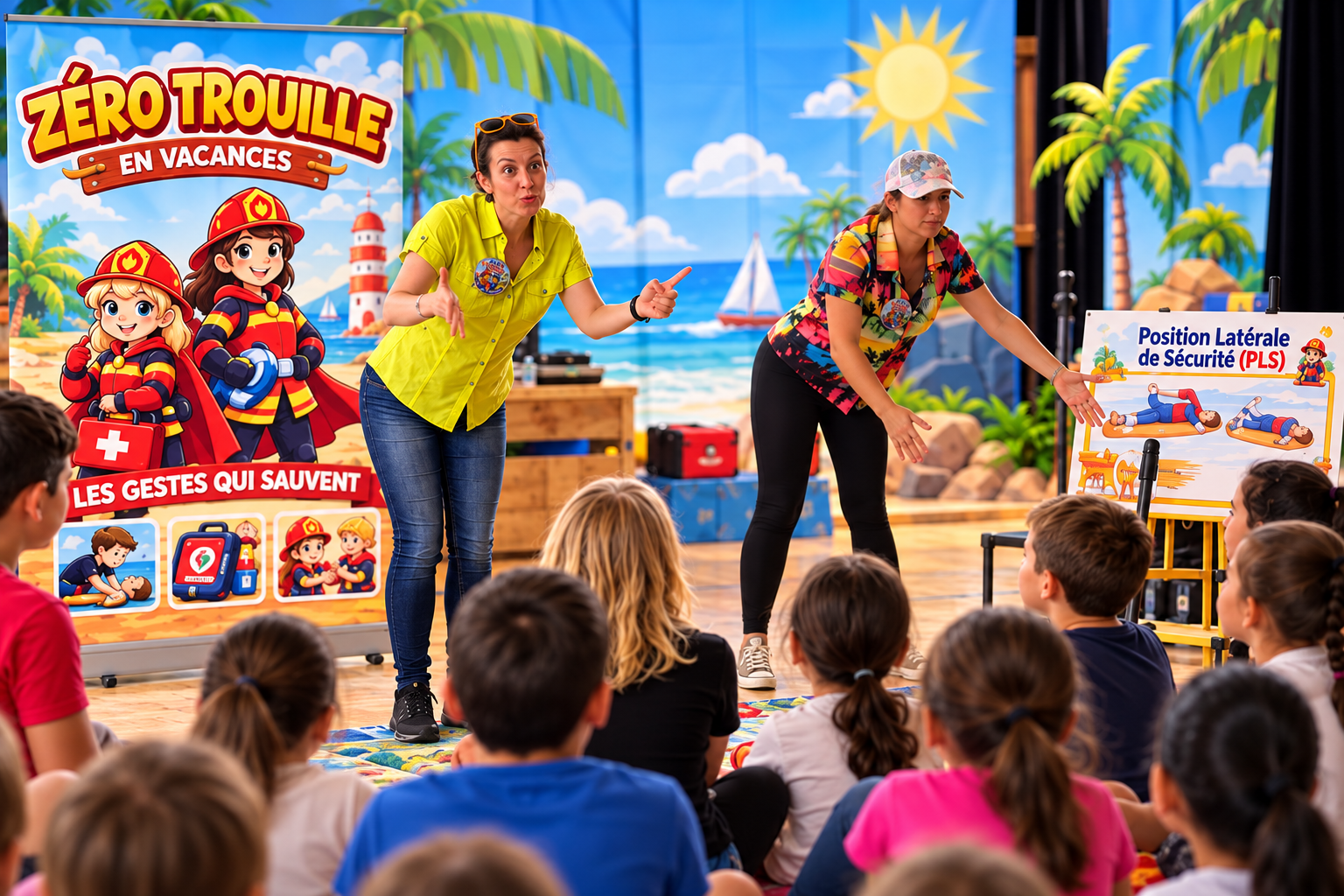 Deux adultes sur scène face à des enfants, devant l'affiche du spectacle.